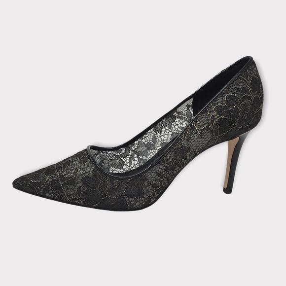 Elie Tahari Black & Gold Lace Patent Leather Trim Pointed Heels Pumps 9/9.5 - Picture 1 of 11